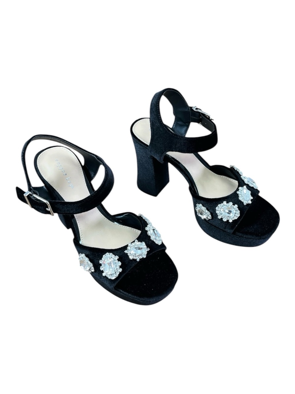 NWT Copper Key Black Velvet Rhinestone Jewel Platform Sandals Heels Size 9M